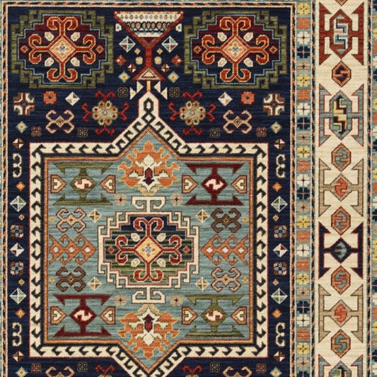 7' X 10' Blue Ivory Machine Woven Medallion Indoor Area Rug - Homeroots