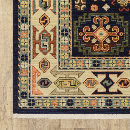 9' X 12' Blue Ivory Machine Woven Medallion Indoor Area Rug