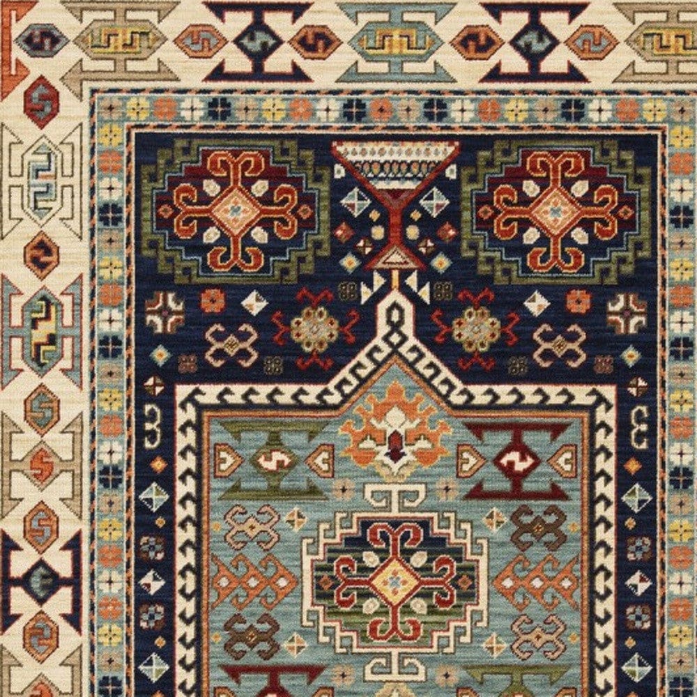 9' X 12' Blue Ivory Machine Woven Medallion Indoor Area Rug