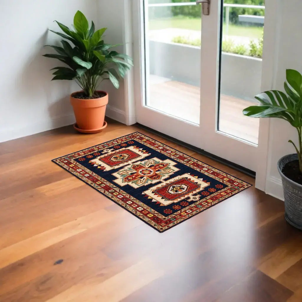 2' X 3' Blue Red Machine Woven Medallions Indoor Area Rug - Homeroots - Flyclothing LLC