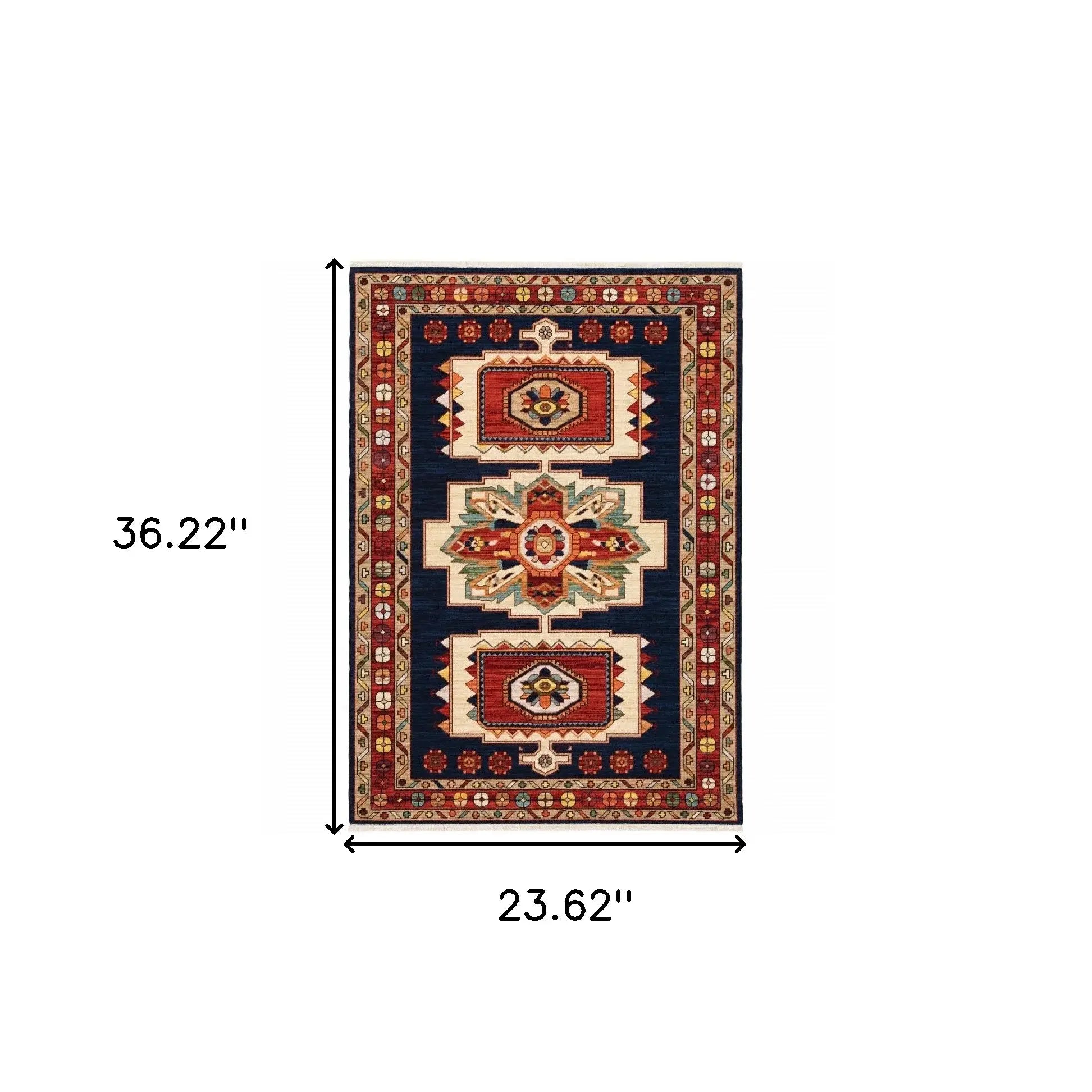 2' X 3' Blue Red Machine Woven Medallions Indoor Area Rug - Homeroots - Flyclothing LLC