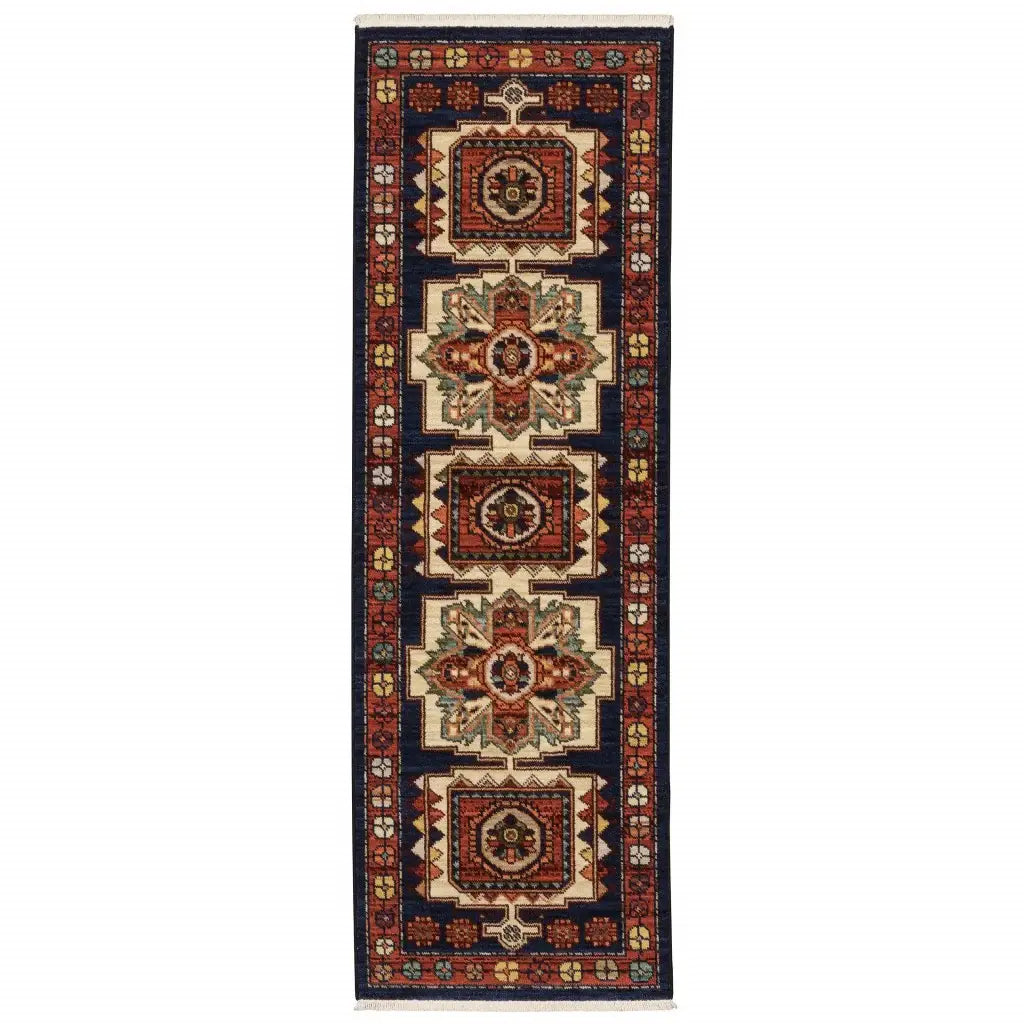 6' Blue Red Machine Woven Medallions Indoor Runner Rug - Homeroots - Flyclothing LLC