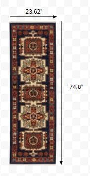6' Blue Red Machine Woven Medallions Indoor Runner Rug - Homeroots