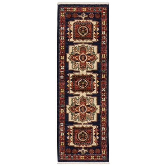 12' Blue Red Machine Woven Medallions Indoor Runner Rug - Homeroots - Flyclothing LLC