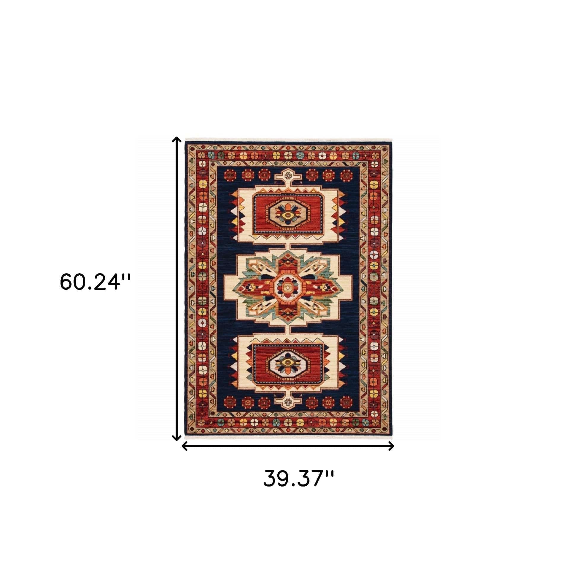 3' X 5' Blue Red Machine Woven Medallions Indoor Area Rug