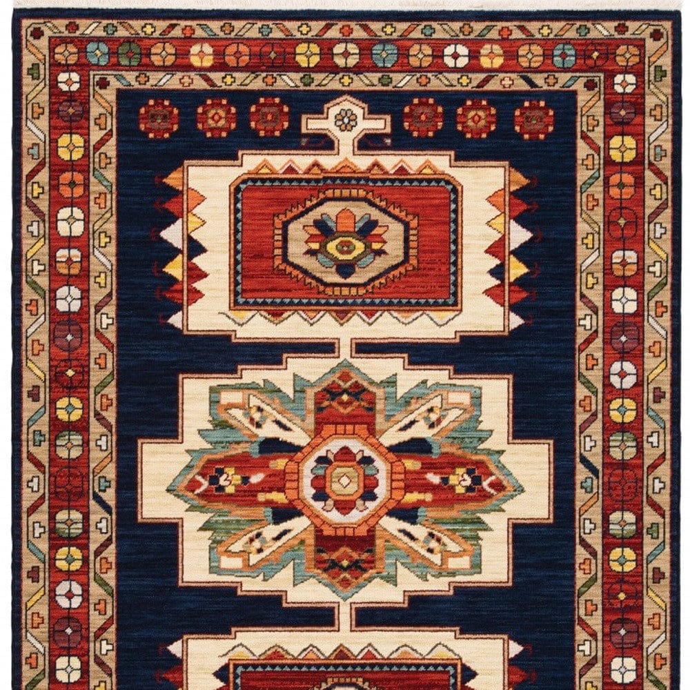 3' X 5' Blue Red Machine Woven Medallions Indoor Area Rug