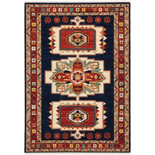 5' X 8' Blue Red Machine Woven Medallions Indoor Area Rug - Homeroots