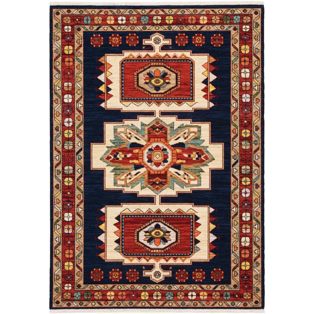 5' X 8' Blue Red Machine Woven Medallions Indoor Area Rug - Homeroots