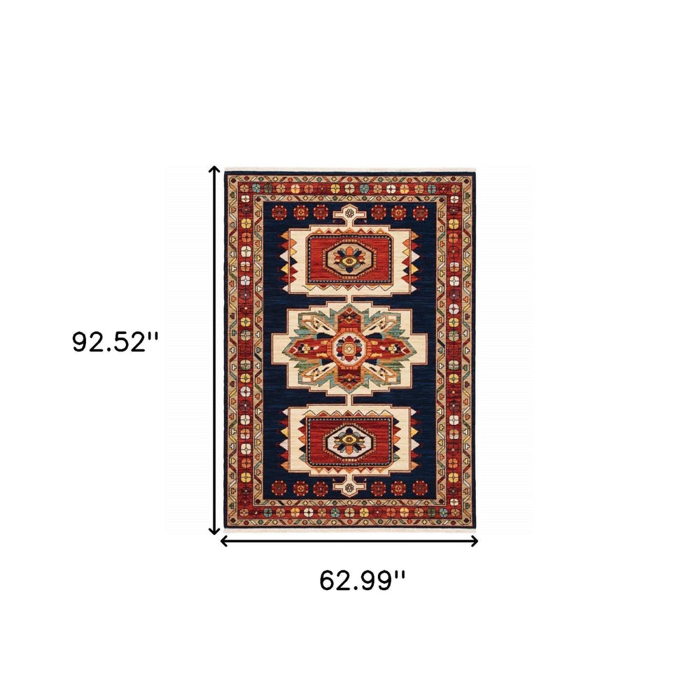 5' X 8' Blue Red Machine Woven Medallions Indoor Area Rug - Homeroots - Flyclothing LLC