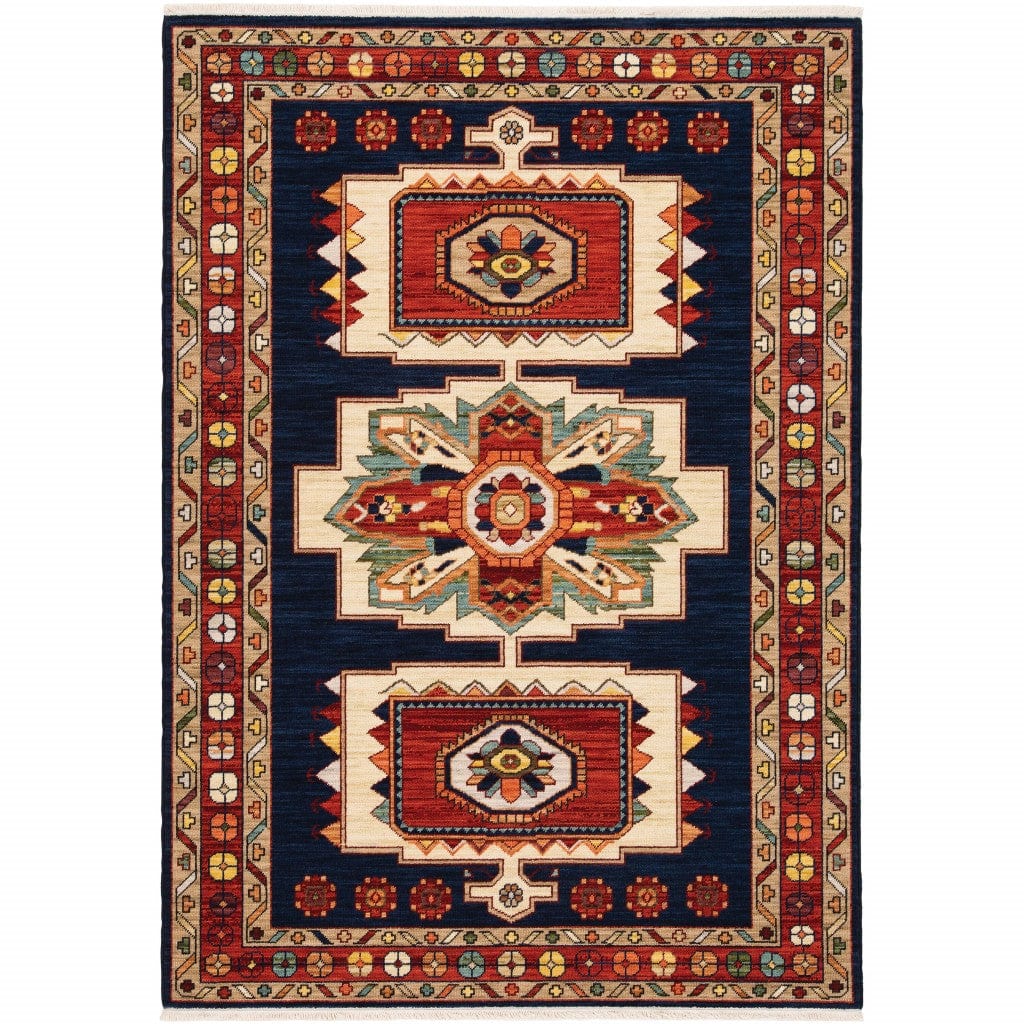 6' X 9' Blue Red Machine Woven Medallions Indoor Area Rug - Homeroots
