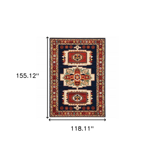 9' X 12' Blue Red Machine Woven Medallions Indoor Area Rug