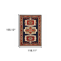 9' X 12' Blue Red Machine Woven Medallions Indoor Area Rug