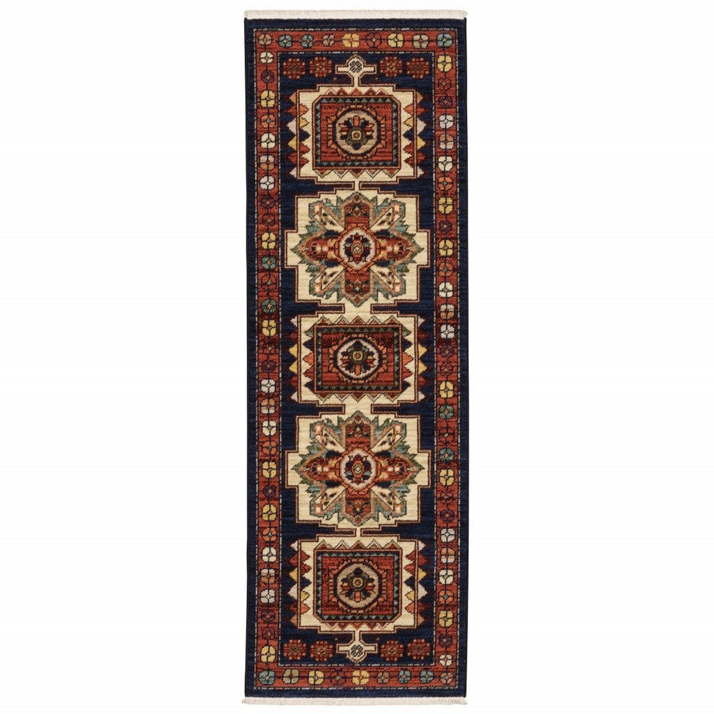 6' Red Blue Machine Woven Oriental Indoor Runner Rug - Homeroots