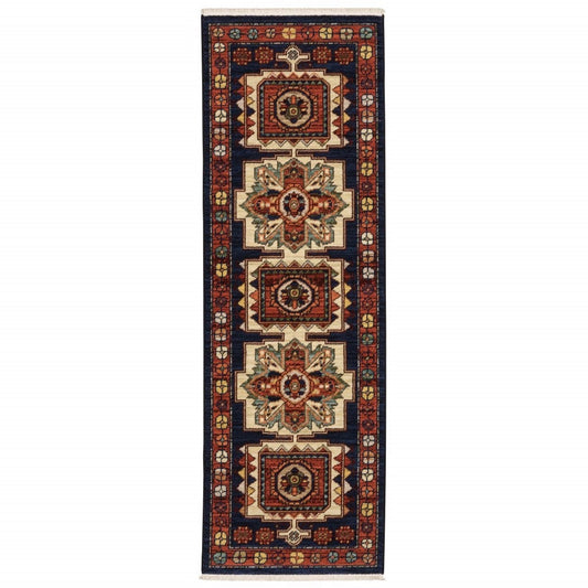 6' Red Blue Machine Woven Oriental Indoor Runner Rug - Homeroots