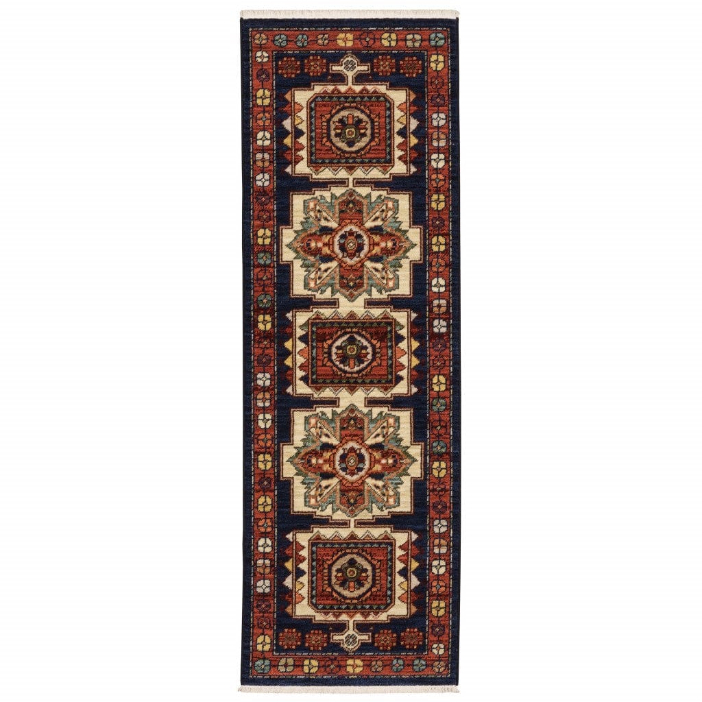 12' Red Blue Machine Woven Oriental Indoor Runner Rug - Homeroots