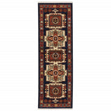 12' Red Blue Machine Woven Oriental Indoor Runner Rug - Homeroots