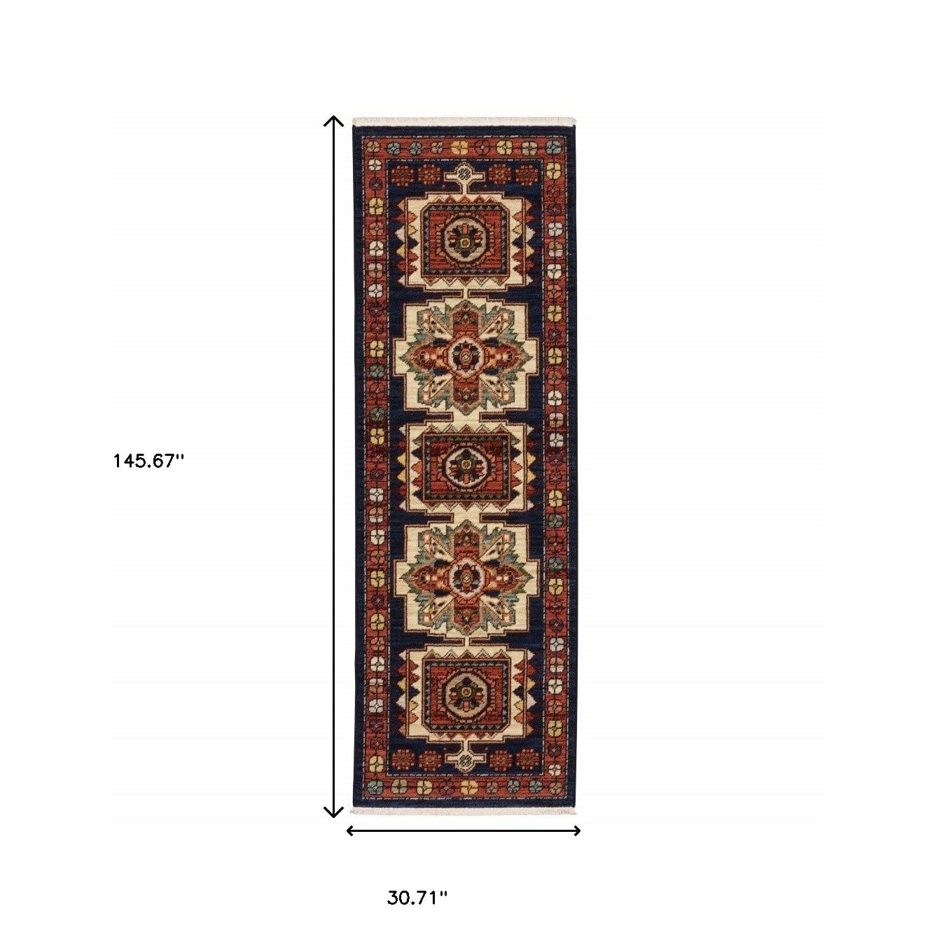 12' Red Blue Machine Woven Oriental Indoor Runner Rug - Homeroots