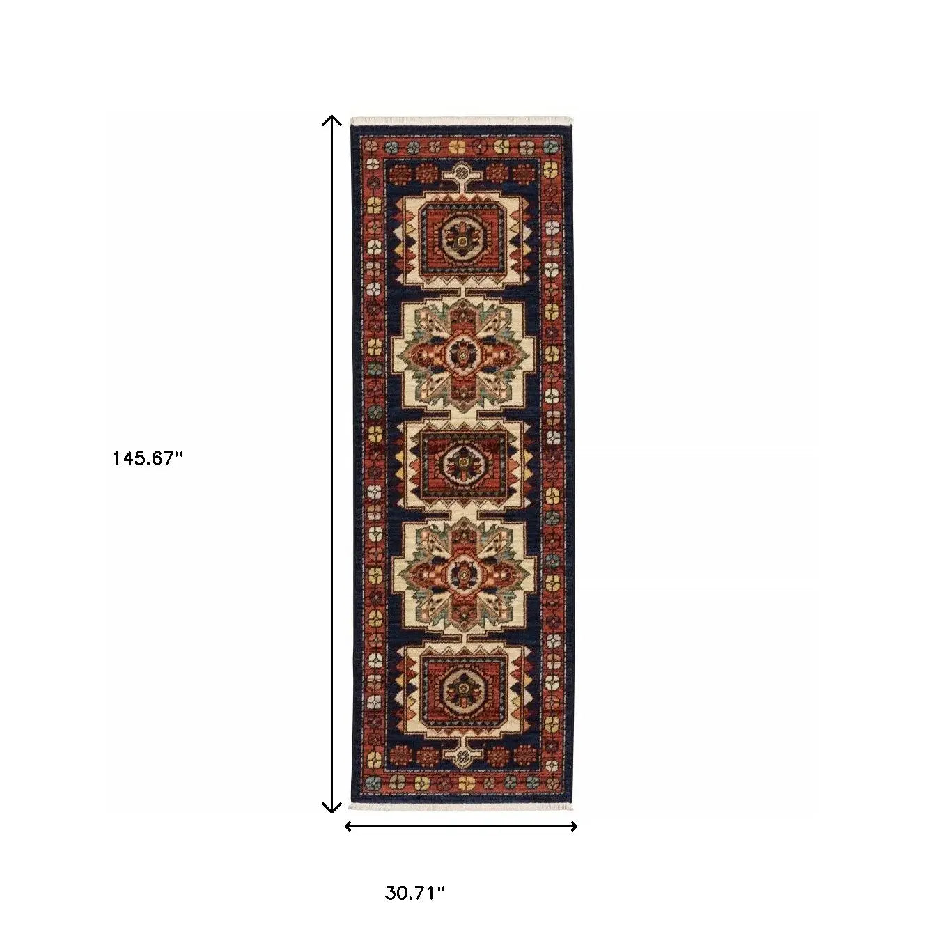 12' Red Blue Machine Woven Oriental Indoor Runner Rug - Homeroots - Flyclothing LLC