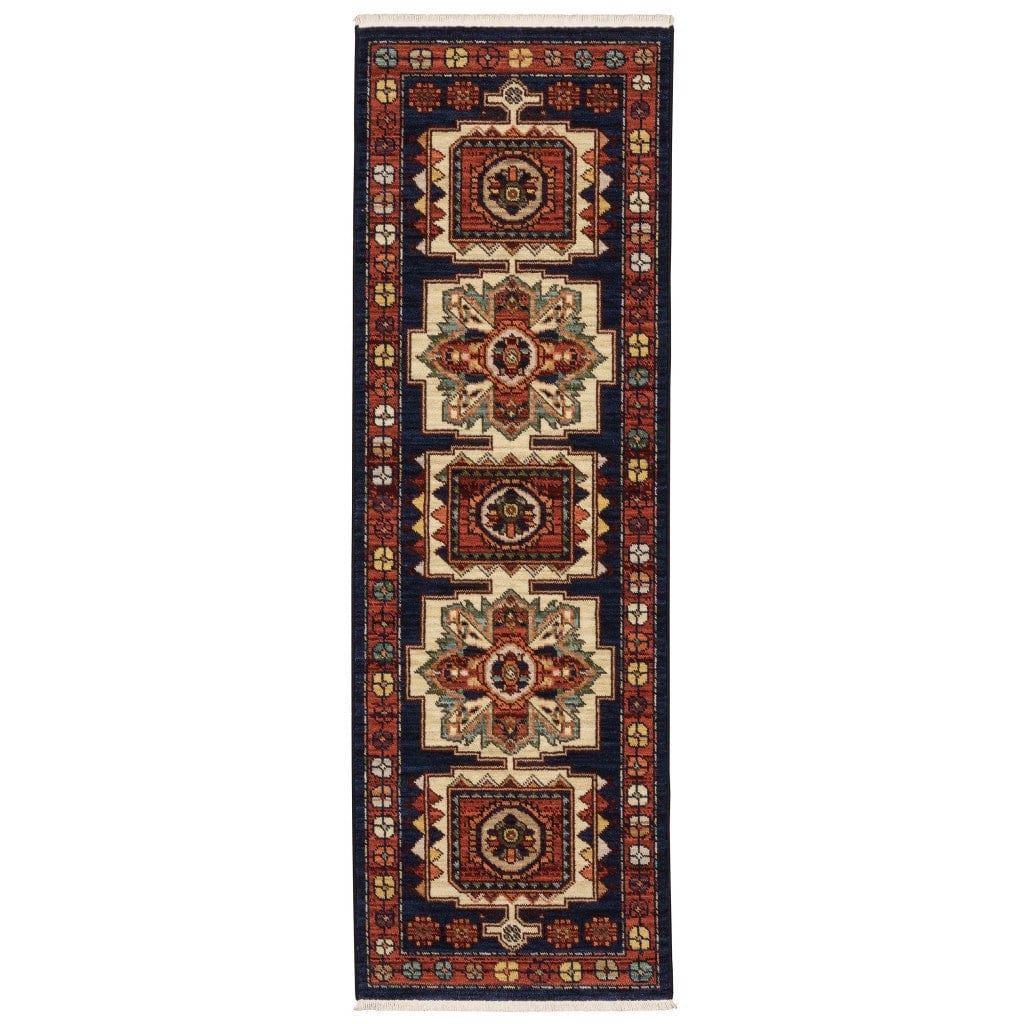 12' Red Blue Machine Woven Oriental Indoor Runner Rug - Homeroots