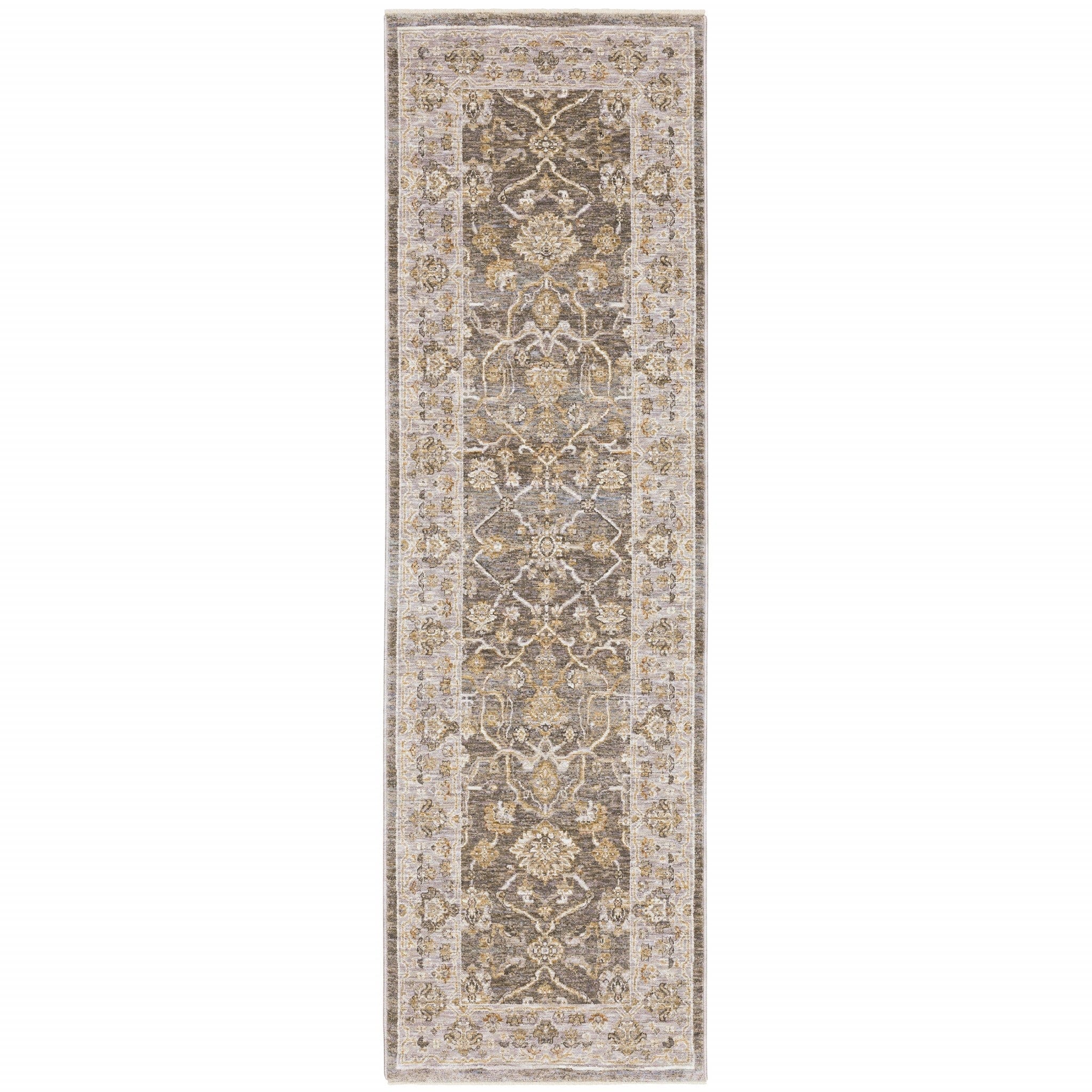 8' Beige Grey Machine Woven Oriental Indoor Runner Rug - Homeroots