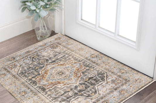 2' X 3' Grey Blue Machine Woven Medallion Indoor Area Rug