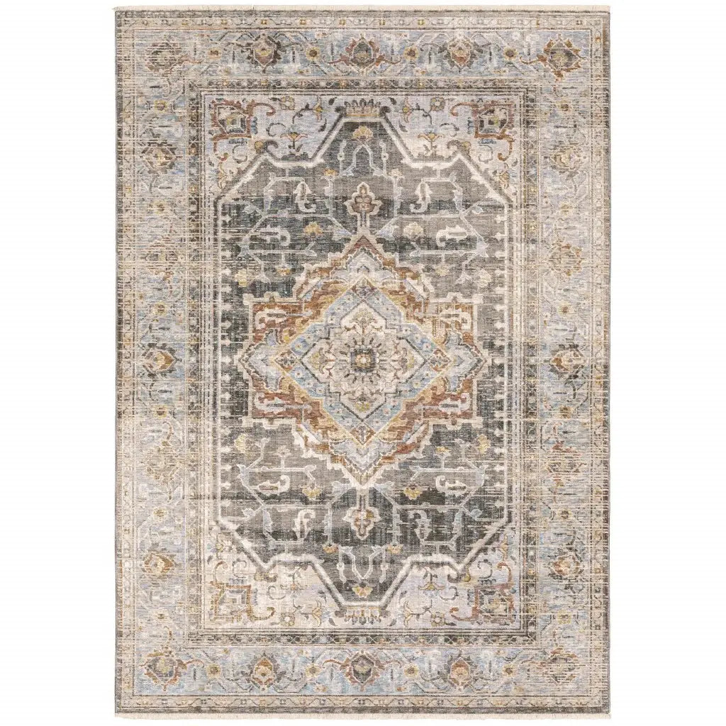 8' Grey Blue Machine Woven Medallion Indoor Runner Rug - Homeroots - Flyclothing LLC