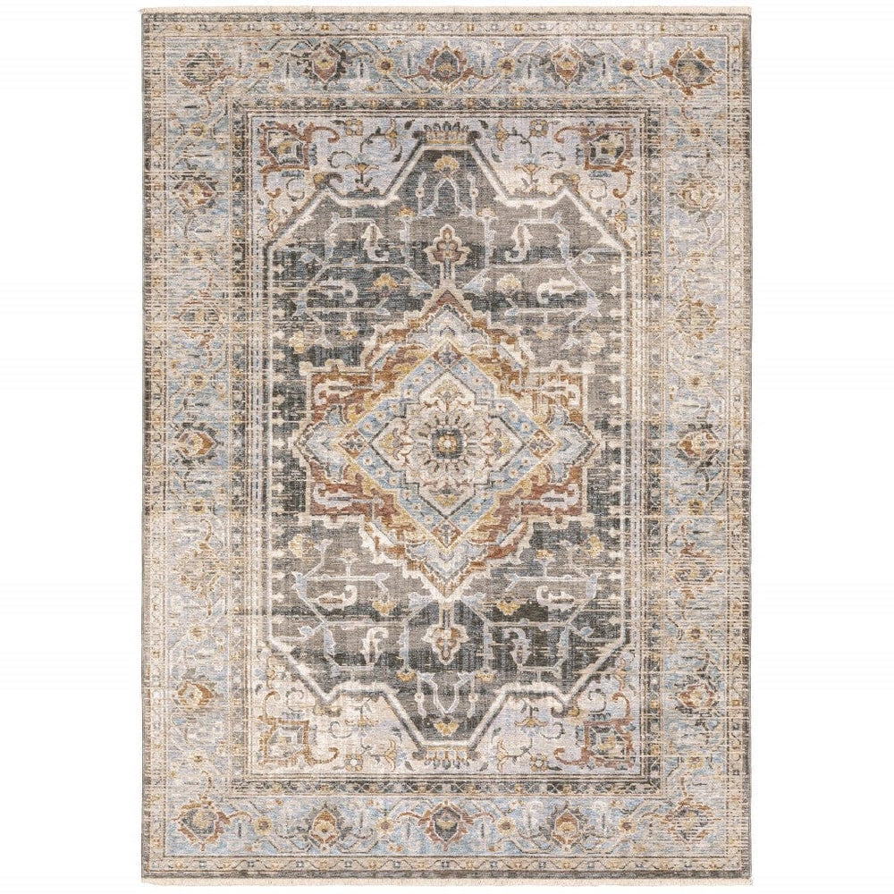 8' Grey Blue Machine Woven Medallion Indoor Runner Rug - Homeroots