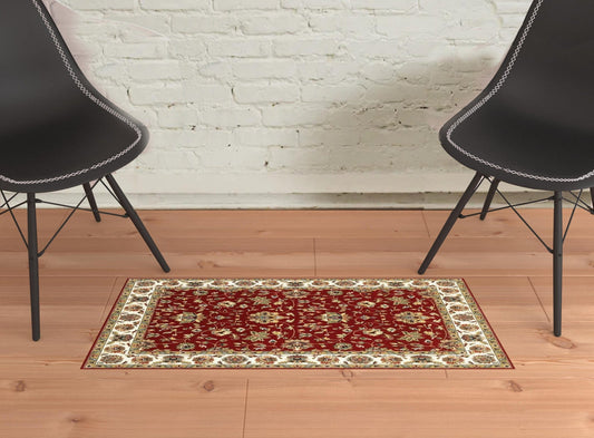 1' X 3' Red Ivory Machine Woven Floral Oriental Indoor Area Rug - Homeroots