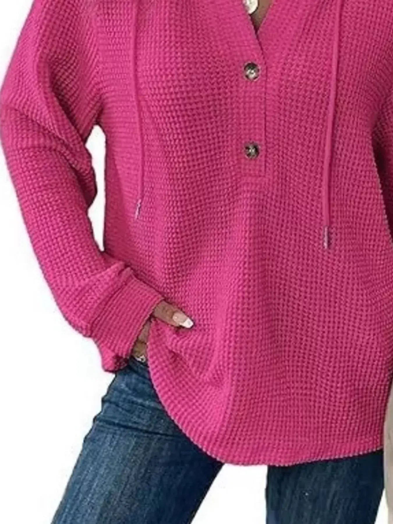 Full Size Button Detail Waffle Knit Hoodie Plus Size - Trendsi - Flyclothing LLC