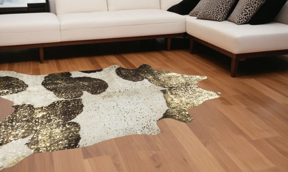 6' X 7' Dark Brown White And Gold Natural Cowhide Area Rug - Homeroots