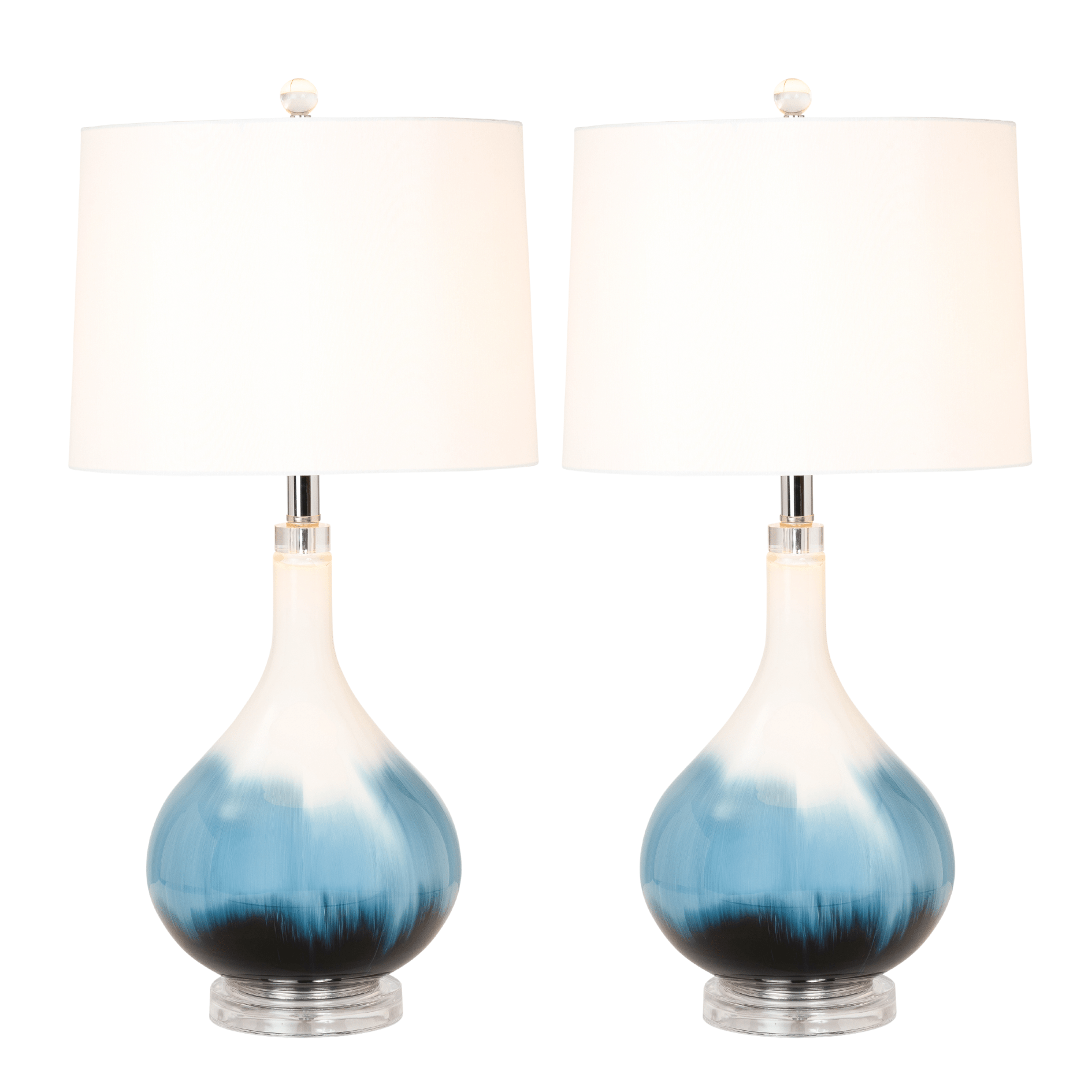 Set of Two 29" Blue and White Glass Table Lamps With White Shades