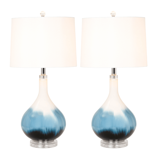 Set of Two 29" Blue and White Glass Table Lamps With White Shades