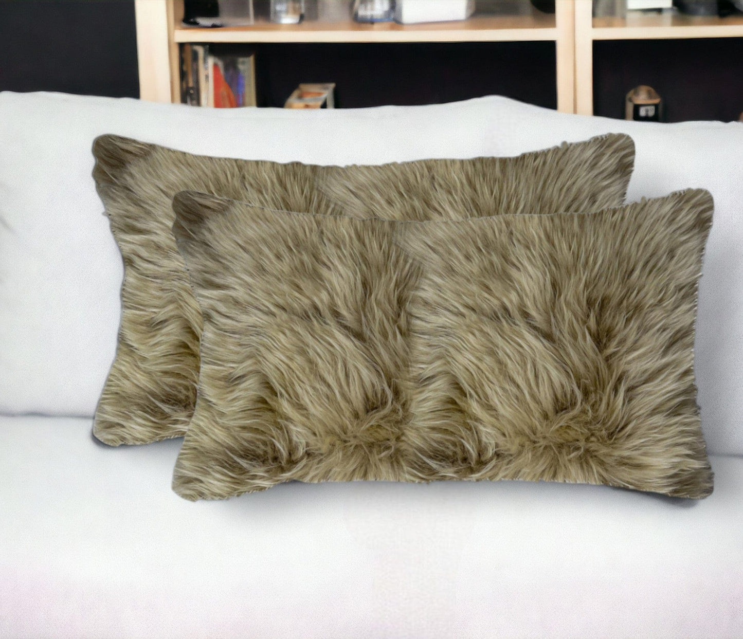 Set of Two 12" X 20" Taupe Sheepskin Lumbar Throw Pillows - Homeroots - Flyclothing LLC