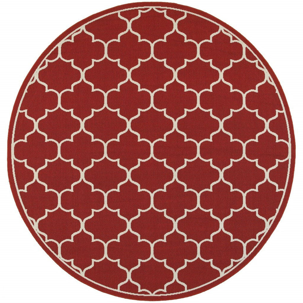 8' X 8' Red and Ivory Round Indoor Outdoor Area Rug - Homeroots
