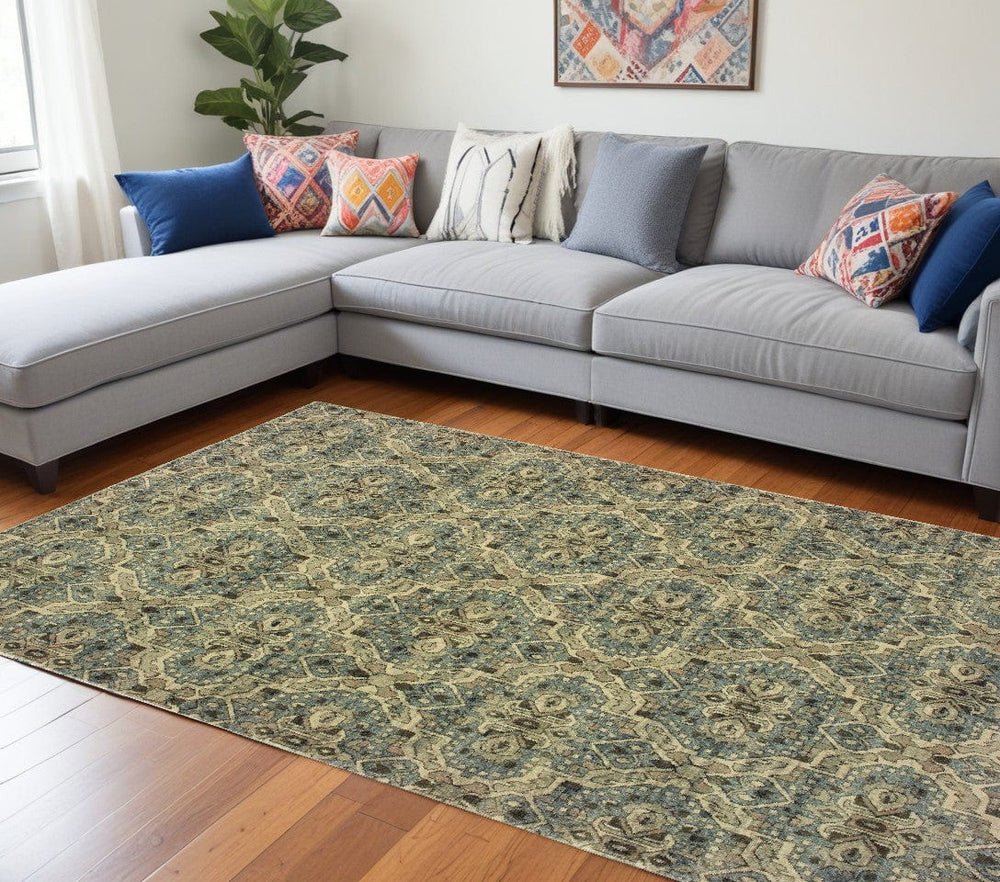 10' X 13' Ivory And Blue Geometric Area Rug - Homeroots