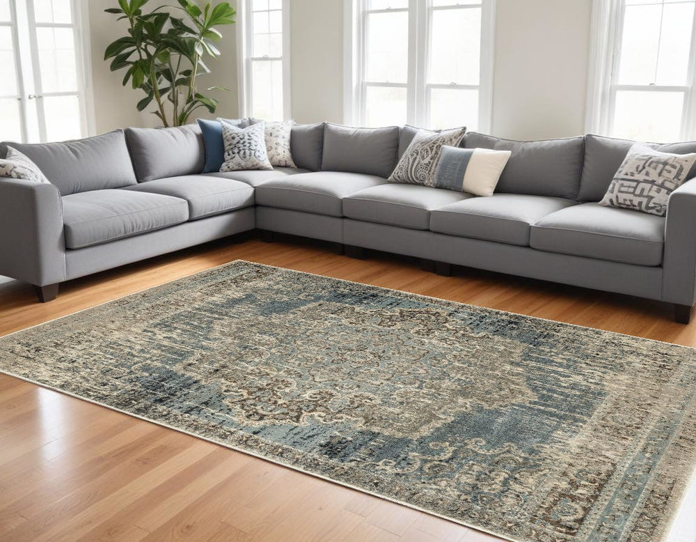10' X 13' Blue And Ivory Medallion Area Rug - Homeroots