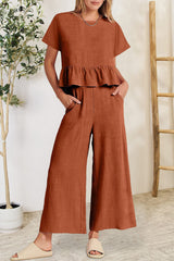 Peplum Round Neck Short Sleeve Top and Pants Set - Trendsi