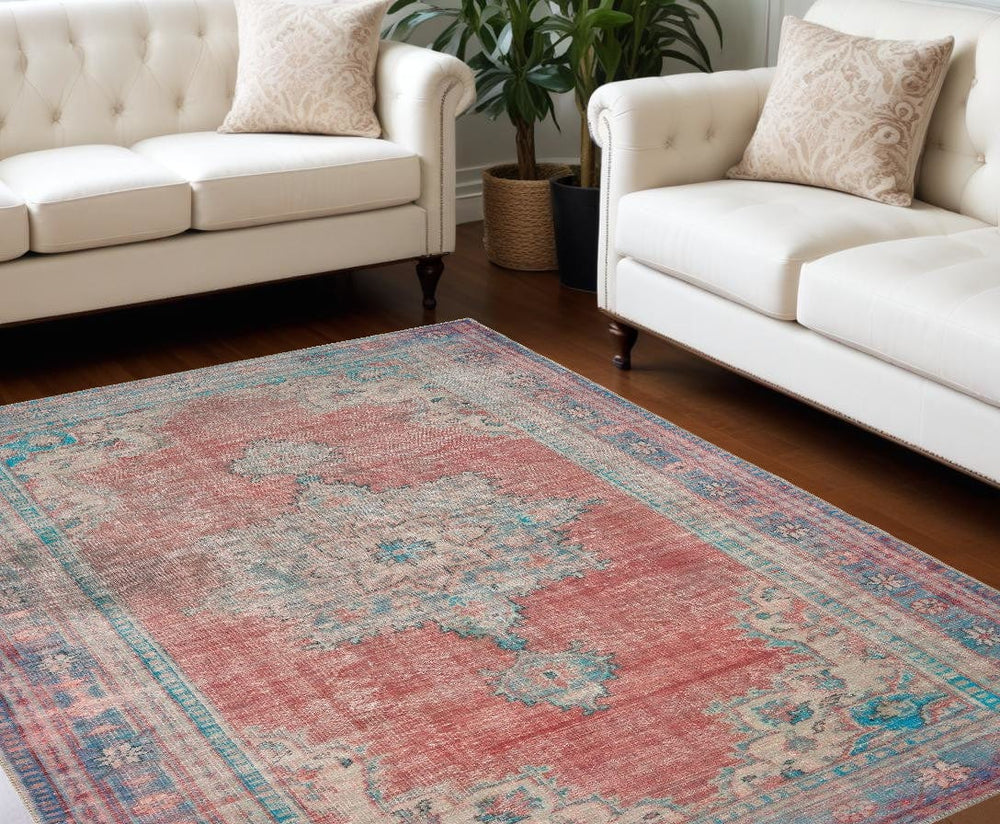 8' X 10' Red And Blue Oriental Area Rug - Homeroots