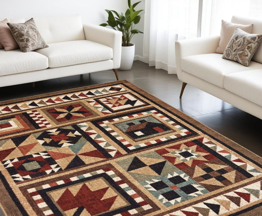 8' X 10' Brown And Red Ikat Patchwork Area Rug - Homeroots