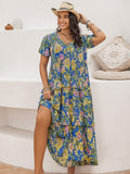 Plus Size Printed V-Neck Short Sleeve Maxi Dress - Trendsi