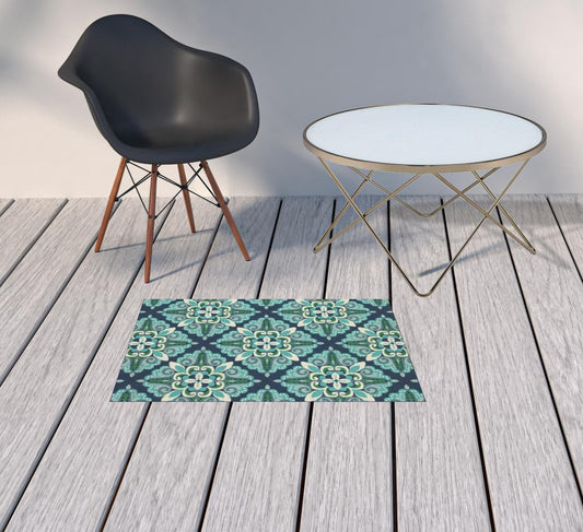 2' X 3' Blue and Green Floral Indoor Outdoor Area Rug - Homeroots
