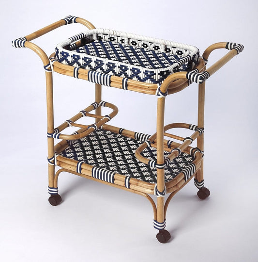 Blue And White Rattan Bar Cart - Homeroots