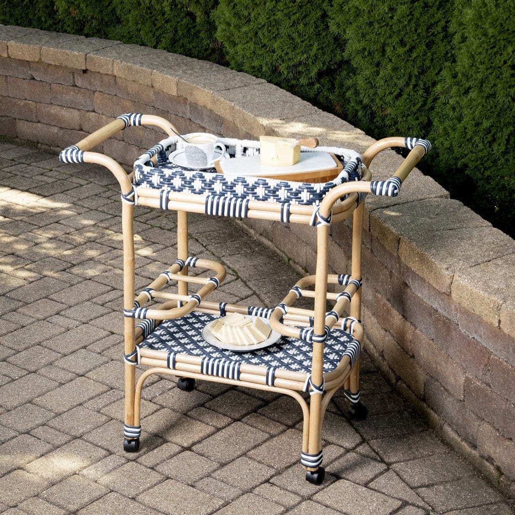 Blue And White Rattan Bar Cart - Homeroots