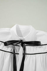 Ribbon Bowtie Collared Neck Flounce Sleeve Shirt - Trendsi - Flyclothing LLC