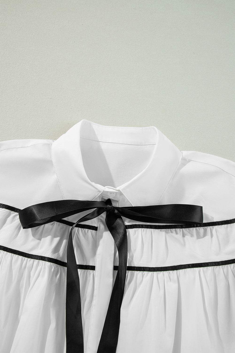 Ribbon Bowtie Collared Neck Flounce Sleeve Shirt - Trendsi - Flyclothing LLC