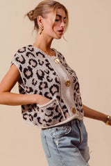 SO ME Big Metal Button Front Leopard Sweater Vest Top - Trendsi - Flyclothing LLC