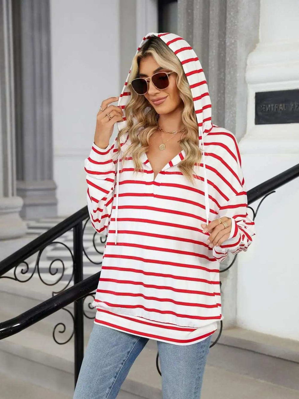 Drawstring Striped Long Sleeve Hoodie - Trendsi - Flyclothing LLC