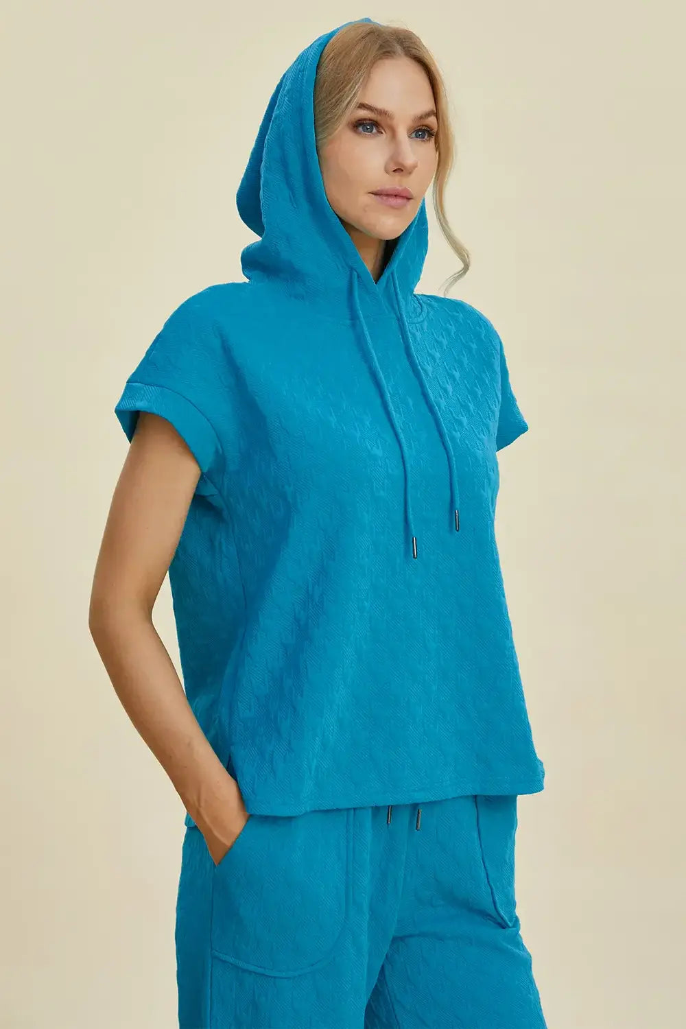 Double Take Full Size Texture Drawstring Short Sleeve Hoodie and Pocketed Pants Set - Trendsi - Flyclothing LLC