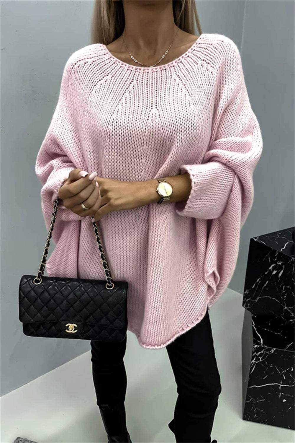 Round Neck Batwing Sleeve Sweater - Trendsi - Flyclothing LLC