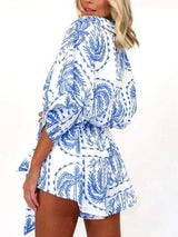 Printed Tie Waist Half Sleeve Romper - Trendsi - Flyclothing LLC